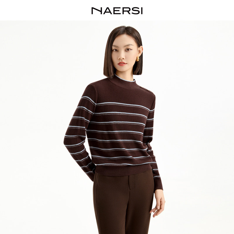 NAERSI娜尔思商场同款圆领羊毛衫条纹设计2025年冬季新款上衣女