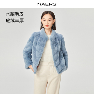 新款 口抽褶2025年冬季 娜尔思高雅斜拼水貂毛皮皮草温雅袖 NAERSI