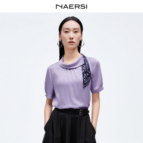 【醋酸】NAERSI娜尔思珍珠点缀飘带领衬衫26年夏季新款(配飘带)