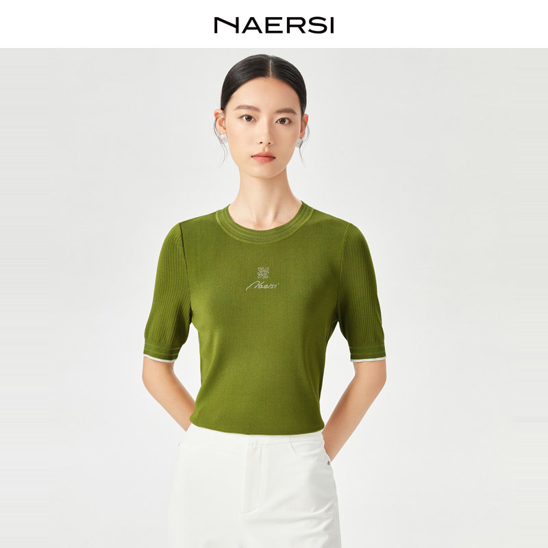 NAERSI/娜尔思时尚气质圆领针织短袖上衣夏季新款百搭舒适毛衫