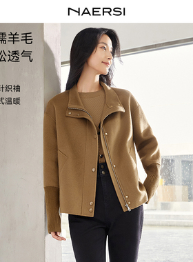 NAERSI娜尔思100羊双面呢大衣大衣立体剪裁落肩截短毛呢外套冬季