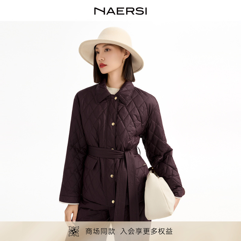 NAERSI娜尔思商场同款菱形格棉服外套25冬季新款百搭内搭保暖棉衣