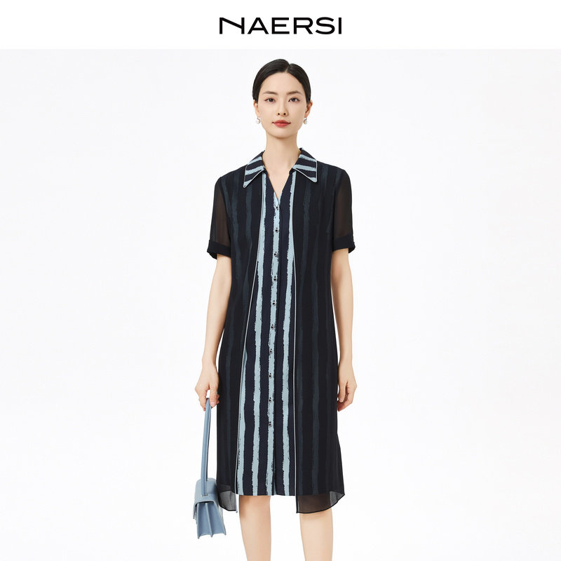 NAERSI/娜尔思时尚气质优雅V领印花连衣裙夏季舒适度假风裙子