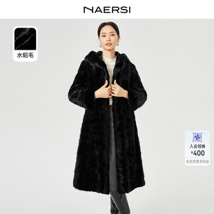 娜爾思?xì)赓|(zhì)簡約黑色連帽皮草女冬裝 水貂毛 NAERSI 裘皮外套