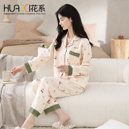 花系纯棉女樱桃睡衣套装可外穿