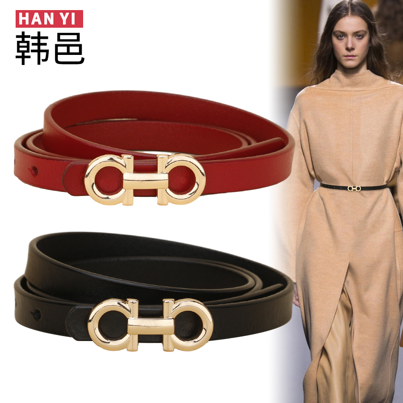真皮细腰带女装饰配连衣裙子夏季皮带窄款高级感腰链潮流时尚黑色