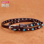 头层纯牛皮女士细腰带装 复古铆钉皮带窄简约百搭韩国 饰配裙牛仔裤