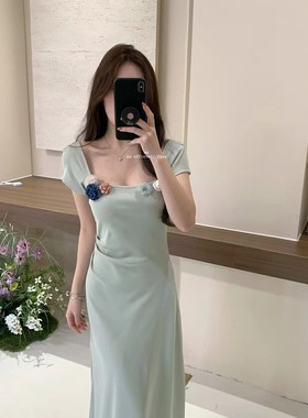 AS OFFICIA夏季玫瑰花花气质显瘦连衣裙女配胸针2024新款韩版长裙