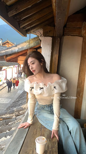 韩版一字肩针织毛衣女2024早春新款设计感小众修身露肩长袖上衣潮