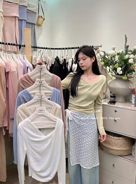 绝美上衣荡领褶皱针织长袖T恤