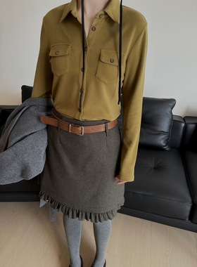 欧洲站高腰木耳边羊毛尼半身裙2025秋冬新款时尚百搭显瘦A字裙潮