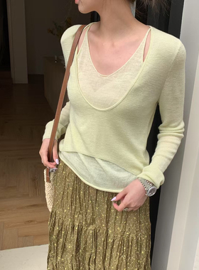 欧洲站高货假两件V领针织衫2025春秋新款韩版修身显瘦打底上衣潮