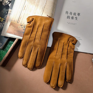鼎奢磨面鹿皮手套男士全羊绒内里加拿大进口高定复古真皮手套秋冬