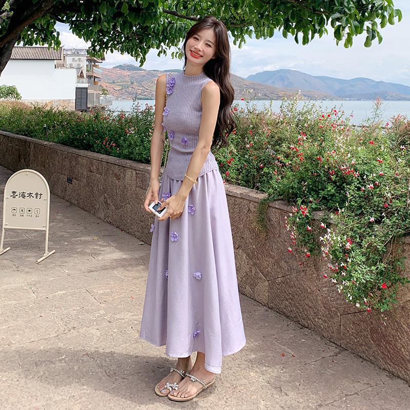 实拍紫色无袖套装女2025夏新款绝美立体花朵针织背心半身裙