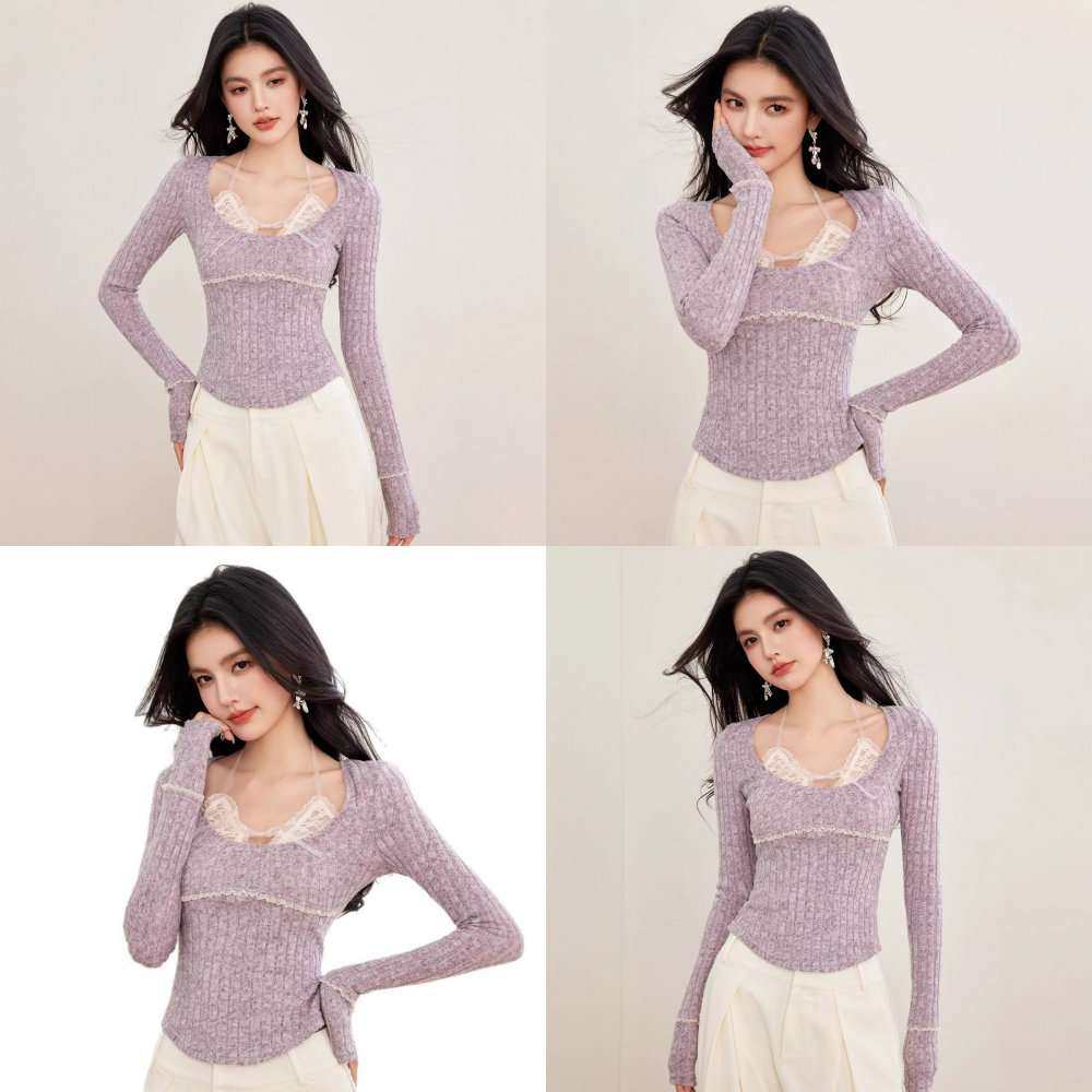 R3893修身紫色假两件挂脖针织衫女不规则小个子打底衫长袖上衣