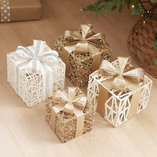 圣诞礼盒装饰品仿真礼物盒场景布置堆头道具金色白色蝴蝶结