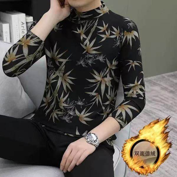 双面德绒长袖t恤男士春秋季款内搭半高领卫衣韩版潮流印花打底衫