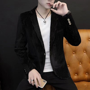 2023春秋新款灯芯绒小西装男韩版修身帅气潮青年时尚条纹西服外套