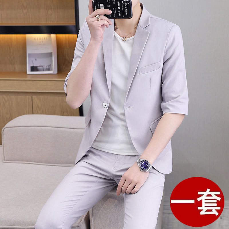 西服套装男韩版修身七分袖薄款外套夏季短袖纯色小西装两件套男潮