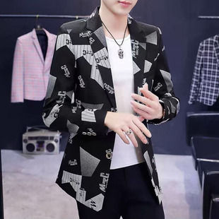 花色西装男款时尚痞帅青年个性印花小西服修身发型师外套上衣2025