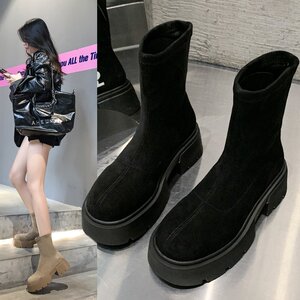 欧美2023春夏新款弹力靴女短靴加绒短筒厚底中跟磨砂绒面瘦瘦靴潮