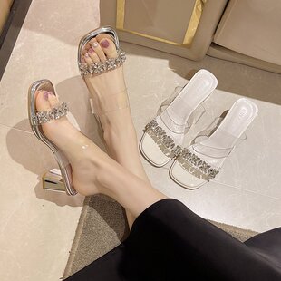 网红气质水钻透明一字拖女2026新款夏仙女百搭粗跟高跟外穿凉拖鞋