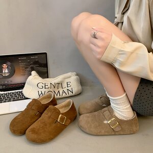 复古加绒勃肯鞋女2024年秋季新款一脚蹬豆豆鞋百搭面包鞋懒人单鞋