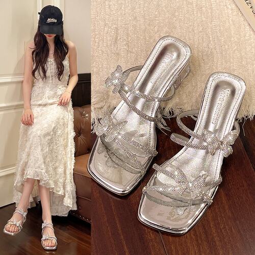 蝴蝶水晶中跟凉拖女2026夏季新款粗跟法式仙女风配裙子外穿拖鞋女