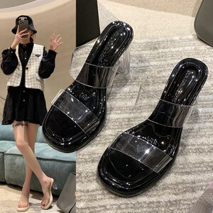 透明高跟鞋女夏季新款防水台一字带超高跟拖鞋水晶跟粗跟凉鞋女款
