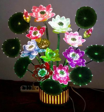 新款仿真LED七彩光纤莲花灯1 3 5 7 9品荷花灯长明神供灯供花包邮