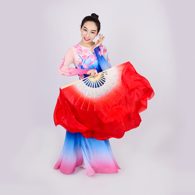 舞蹈扇子五星红旗舞蹈扇子跳舞专用高先玉同款大红正染真丝渐变扇