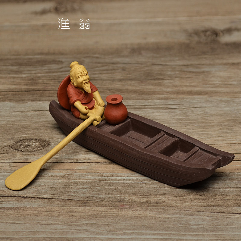 茶宠摆件精品紫砂渔翁小船雕塑划船老翁茶盘家居样品柜鱼缸装饰