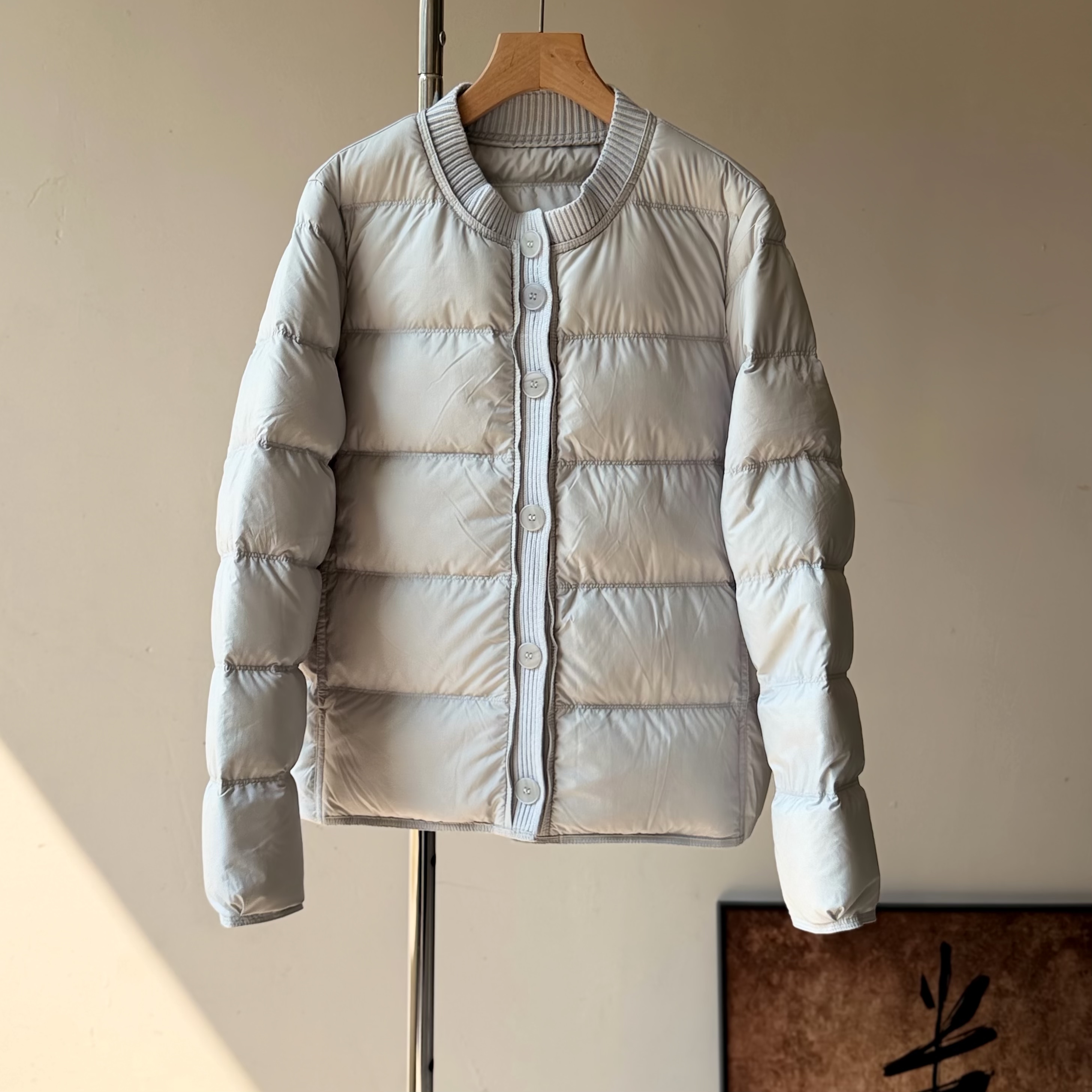 韩版90白鸭绒羽绒女圆领针织拼接保暖蓬松面包服长袖轻薄外套百搭