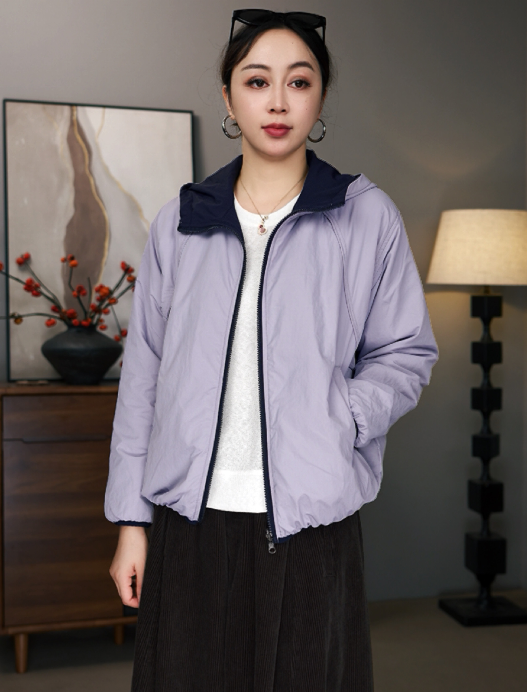 秋冬两面穿轻薄连帽显瘦女棉服