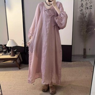 夏季新款苎麻连衣裙两件套女宽松简约文艺复古盘扣长袖棉时尚袍子