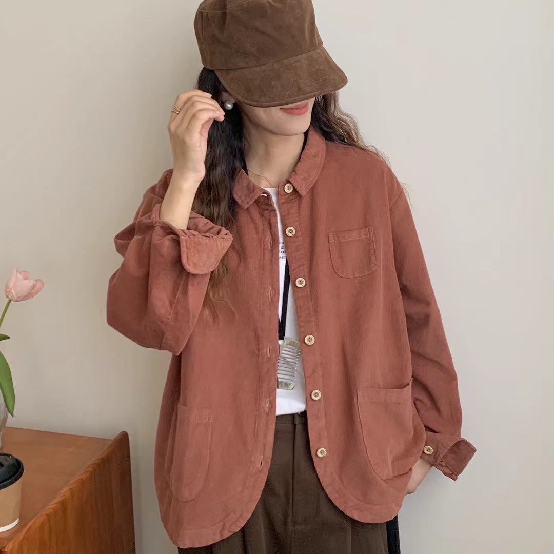 文艺灯芯绒衬衫款短外套宽松复古