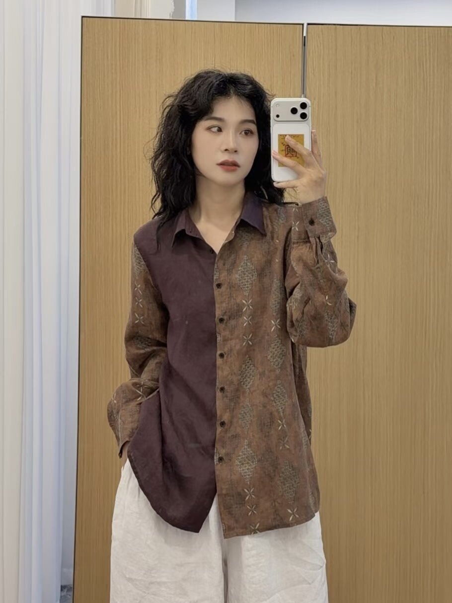 秋季复古印花宽松百搭衬衫女