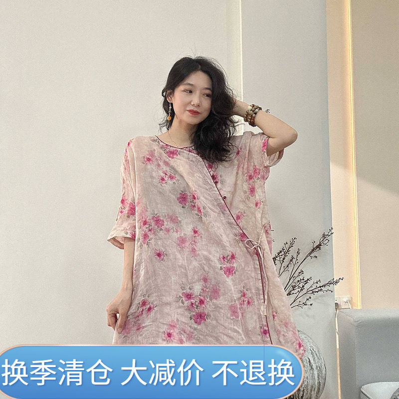 苎麻印花中国风连衣裙衬衫女