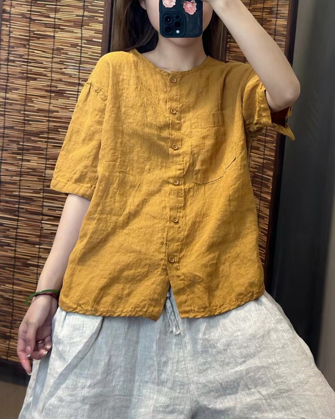 休闲亚麻慵懒随性开衫短袖T恤女夏季新款宽松显瘦口袋圆领上衣