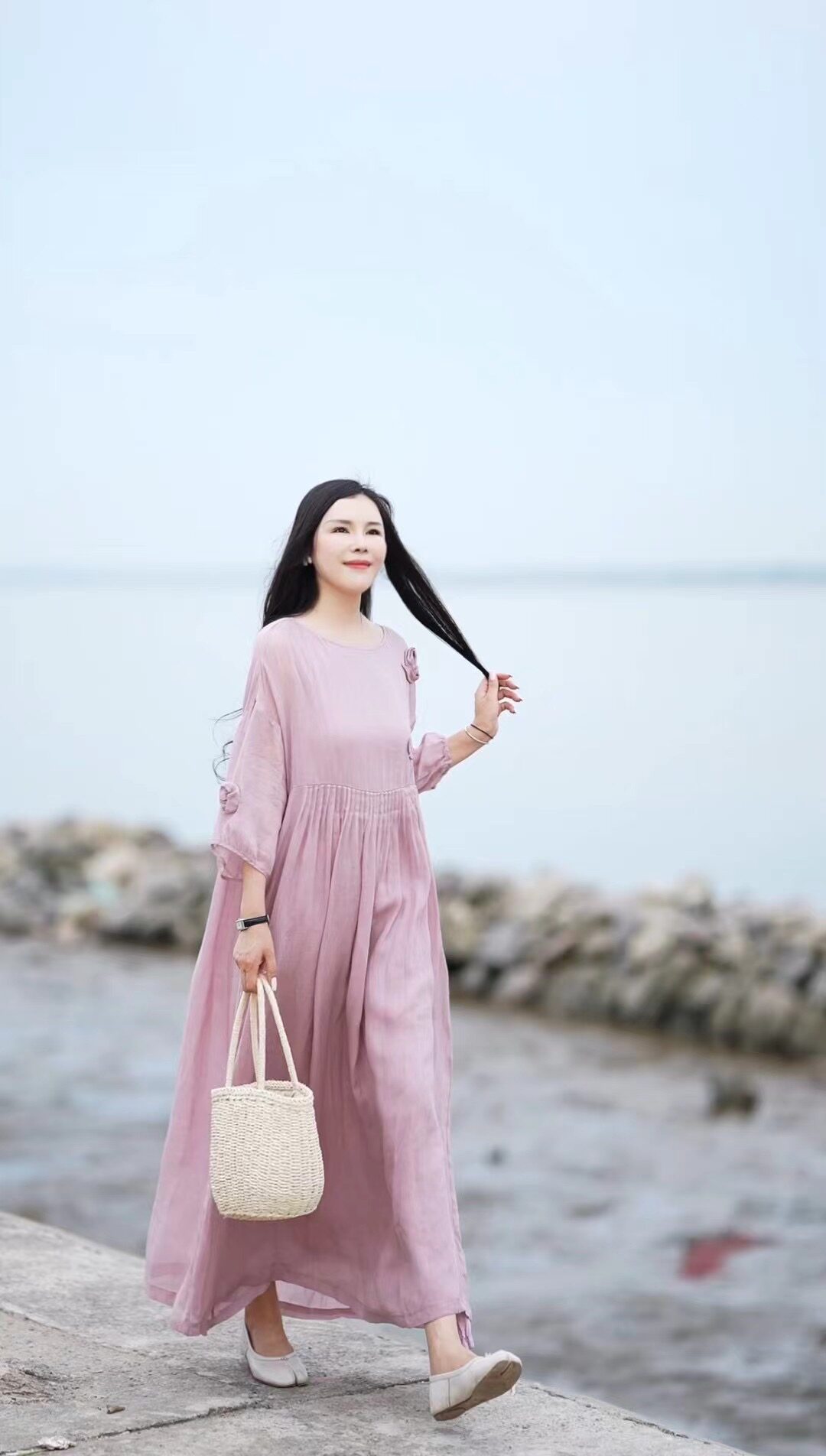 收腰显瘦苎麻宽松圆领遮肚小清新