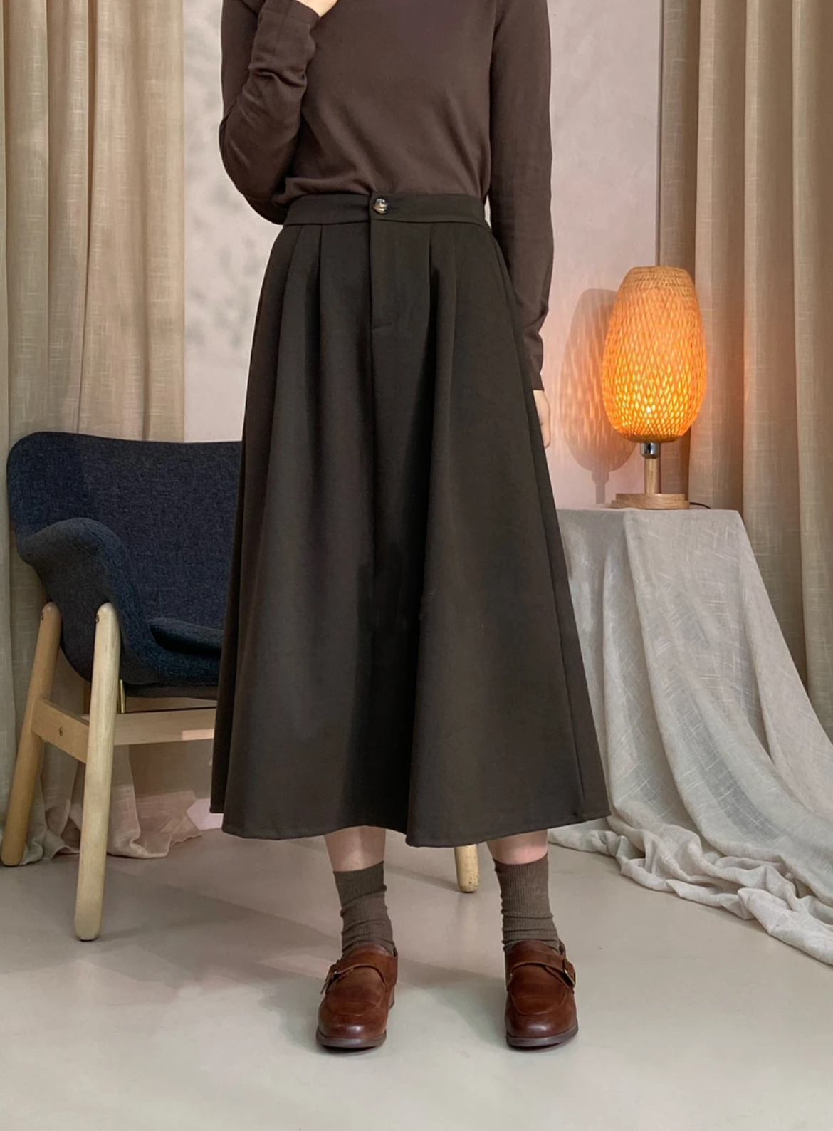 中长款A字裙文艺休闲纯色百搭女