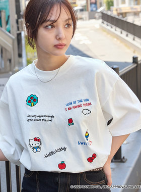 日本代购直邮MONO-MART别注HELLO KITTY刺绣印花T恤宽松落肩短袖
