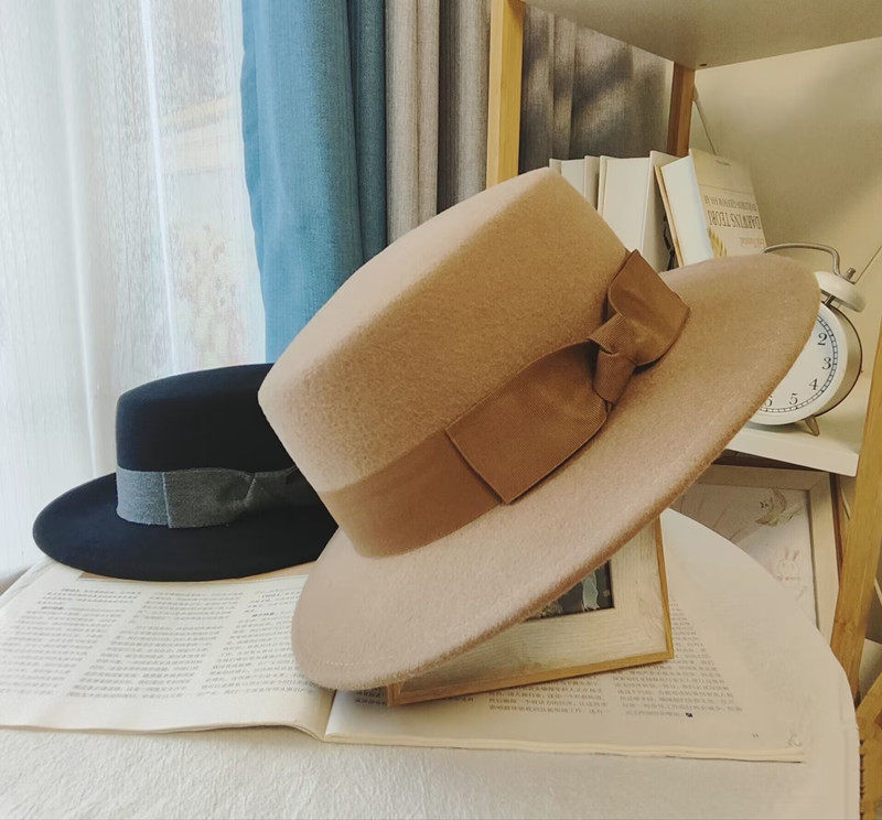 益璟印记秋冬帽子女羊毛呢平顶礼帽男大头围法式百搭英伦平沿毡帽