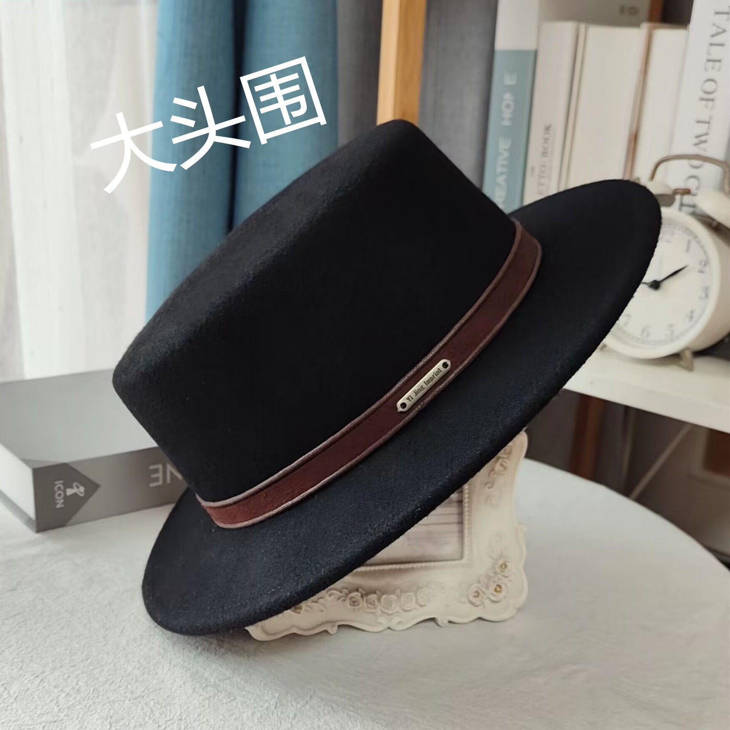 新款时尚轻奢羊毛礼帽女款男士复古平顶帽秋冬优雅宽檐帽子大头围