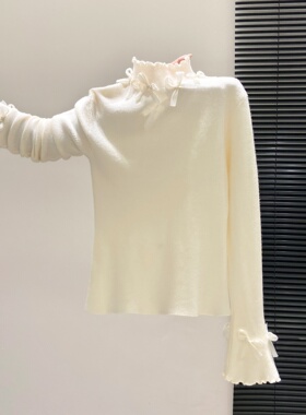 chic蝴蝶结半高领毛衣针织衫女春季清纯减龄内搭木耳边打底上衣
