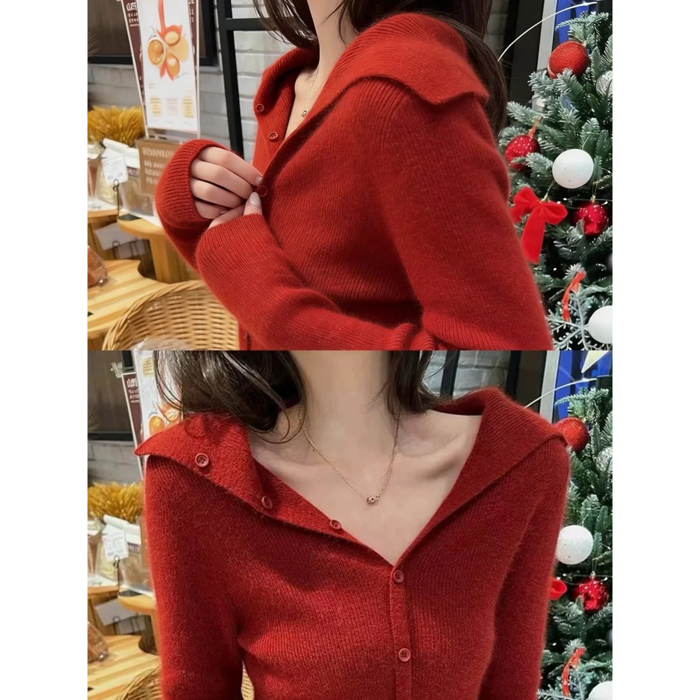 氛围感红色显白修身长袖针织毛衣女秋冬春季打底别致独特漂亮上衣