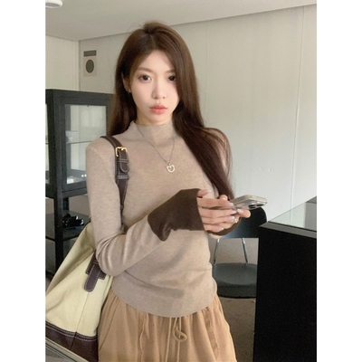 美拉德法式高领修身撞色针织毛衣