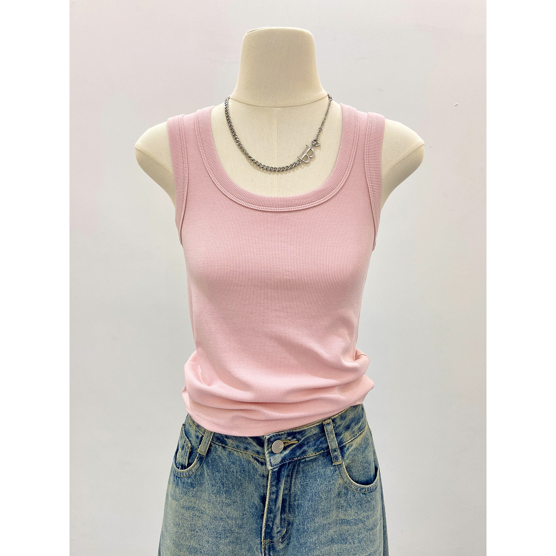 螺纹U领针织背心小吊带女夏薄款别致修身显瘦遮副乳外穿无袖上衣