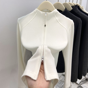 双拉链开衫外套修身内搭半高领德绒长袖T恤打底衫女秋冬通勤上衣