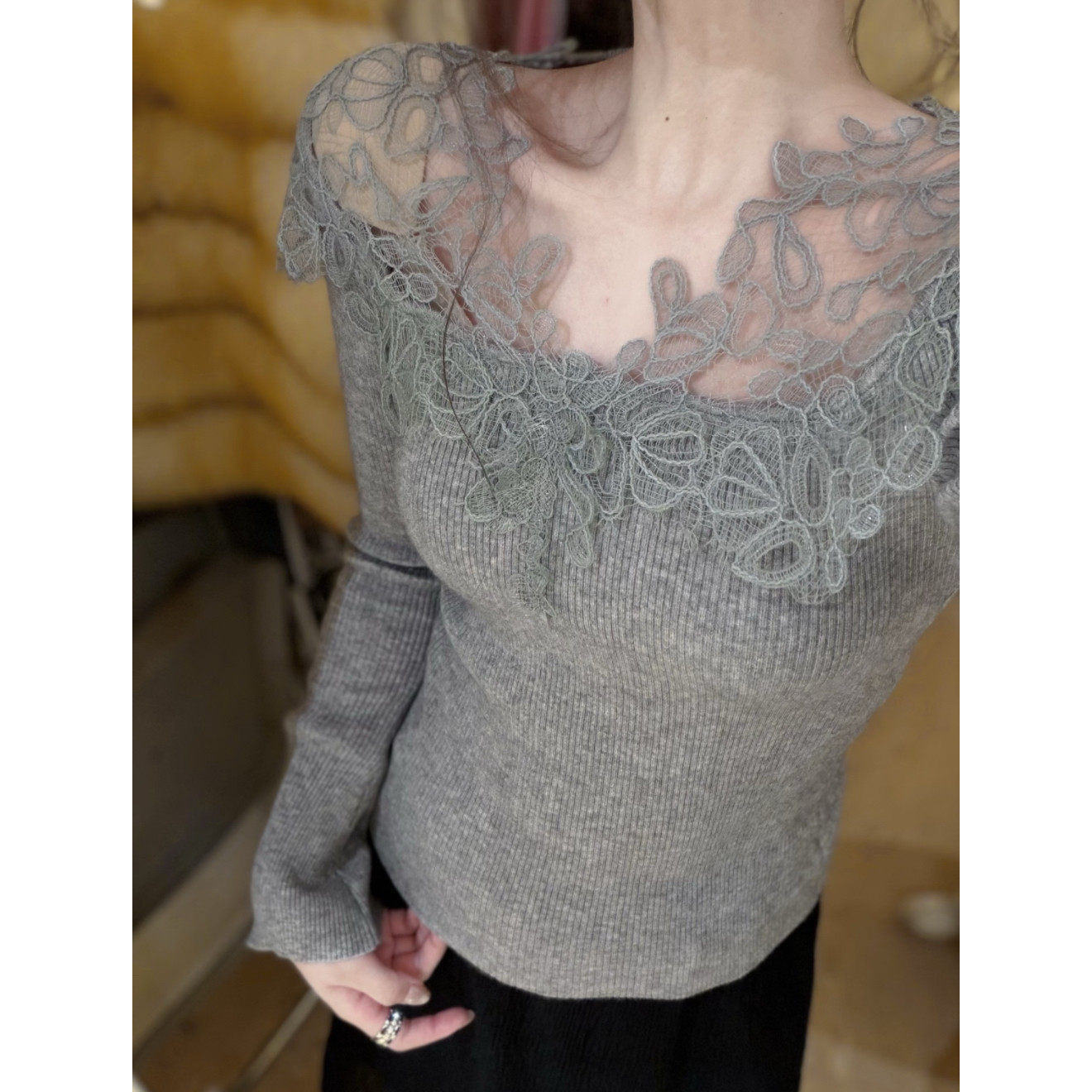 法式轻熟风蕾丝钩花V领长袖针织打底女春秋冬季修身显瘦内搭上衣,女装/女士精品,毛针织衫,淘宝优惠券,粉丝福利购,淘宝优惠卷